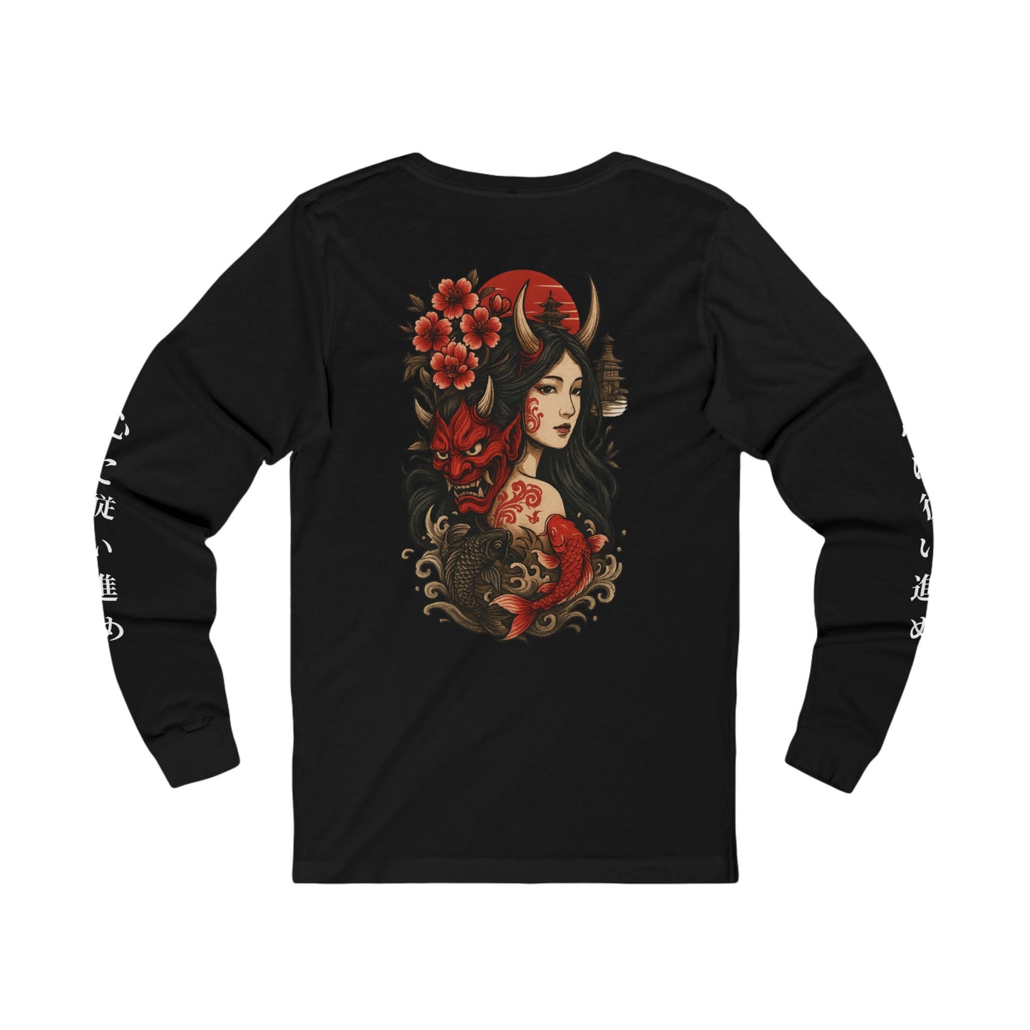 Japanese Oni Mask Long Sleeve Shirt Samurai Spirit, Koi Fish, Demon & Geisha Tattoo Art Shinzumi™ Premium Streetwear