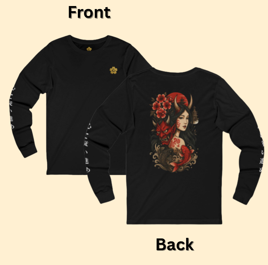 Japanese Oni Mask Long Sleeve Shirt Samurai Spirit, Koi Fish, Demon & Geisha Tattoo Art Shinzumi™ Premium Streetwear