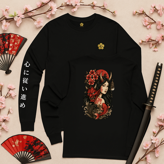 Japanese Oni Mask Long Sleeve Shirt Samurai Spirit, Koi Fish, Demon & Geisha Tattoo Art Shinzumi™ Premium Streetwear